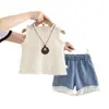 Ropa Linda para Niñas 2026 Nuevo Comercio Exterior Verano Sin Mangas Collar Hueco Encaje de Niña Shorts de Mezclilla Conjunto de Dos Piezas