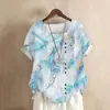 Foto Real de la Nueva Colección Primavera/Verano 2026 Camisa de Algodón y Lino Estampada de Manga Corta Holgada Talla Grande para Mujer