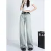 Z Outono Novo Calça de Brim Feminina de Cintura Alta com Cruzamento na Cintura e Perna Larga, Corte Solto 4365232 406