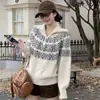Suéter Cárdigan Retro Estilo Coreano de Cuello Alto Jacquard Fair Isle con Solapa, Cálido, con Cremallera para Mujer, Ropa Exterior Adelgazante de Otoño, Algodón Gris