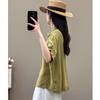 Camisa de Manga Media de Algodón y Lino Estilo Chino para Mujer Verano Retro Color Puro Holgada Cardigan de una Fila con Múltiples Botones Camiseta con Cuello Polo