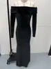 2026 Nuevo Otoño-Invierno Transfronterizo Vestido Largo Ajustado Dorado de Terciopelo con Hombros Descubiertos para Mujer Elegante
