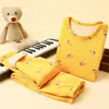 Pijama infantil com forro de fleece, espessado, estampa de desenho animado, e roupa de casa, conjunto de roupa íntima térmica para meninos e meninas