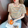 Nueva Camiseta de Manga Corta de Comercio Exterior para Mujer Verano 2025 Nueva Cuello Redondo Elegante Ajustada Manga Corta Rayas Camiseta de Manga Corta Moderna para Mujer