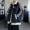 Sudadera chaqueta de punto con cuello de solapa de tres rayas para hombre, nuevo estilo primavera y otoño, corte holgado, talla grande, chaqueta retro deportiva a rayas