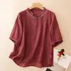 Camisa de Lino de Algodón Bordada Retro de Manga Corta para Mujer, Estilo Top Pequeño de Verano con Temperamento que Reduce la Edad, Camisa de Lino de Color Sólido con Temperamento