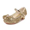 Sapatos de Salto Alto da Moda Estilo Coreano para Meninas, Sapatos de Princesa para Crianças, Sapatos Prateados com Cristais de Solado Macio Versáteis, Sapatos de Couro para Performance