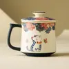 Taza de Cerámica Blanca de Roca Mineral de Fábrica con Separador de Agua para Té, Taza Mug Linda con Tapa, Flor de Amor Mariposa, Gato, Taza de Té Individual