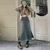 Saia Vintage Midi Cauda de Peixe, Saia Jeans Outono e Primavera para Mulheres, Barra Desfiada, Cintura Alta, Linha A Emagrecedora, Meia Saia que Cobre o Quadril