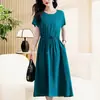 Vestido de Verano 2026 de Manga Corta de Algodón y Seda de Alta Gama, Estilo Juvenil, Elegante Vestido de Playa de Rayón para Mamá, Adelgazante