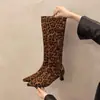 Botas femininas de salto alto, bico fino, estampa de leopardo, elegantes, botas over-the-knee, justas na perna, afinadoras, botas elásticas, estilosas, versáteis, botas longas