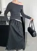 Taochuan Estilo Coreano Hombro Caído Clavícula Expuesta Color de Contraste Aspecto Adelgazante Tejido de Punto Mujer Aspecto Adelgazante Top de Manga Larga Yl698