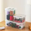 Caja de costura doméstica portátil de escritorio transparente caja de almacenamiento de plástico multifuncional espejo gabinete con tapa cajón de almacenamiento para papelería
