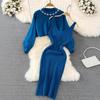 Estilo coreano novo outono e inverno terno em torno do pescoço frisado cintura alta bainha camisola de duas peças moda vestido de malha moda feminina