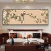 Pintura Decorativa para Sala de Estar con un Nuevo Estilo Chino, Colgante de Pared de Fondo para Sofá de Alta Gama, Banderín Horizontal con Motivos Florales y de Pájaros, Mural Estilo Chino