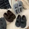 Zapatos grises de lana estilo lazo pequeño Chanel con aumento interior de altura y forro de felpa, zapatos Mary Jane de suela gruesa para mujer, punta poco profunda, con pelo