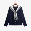 Cárdigan de punto para mujer talla grande con cuello azul marino, estilo otoño 2026, abrigo fino con cintas para un look juvenil, modelo 25091