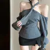 Elegante Diseño Europeo y Americano de Nicho Cuello Elegante Camisa de Manga Larga para Mujer Tirante Sexy Hombros Descubiertos Rayas Top Versátil