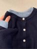 Cardigan de malha falso azul marinho de alta qualidade de duas peças feminino outono e inverno solto preguiçoso gola redonda suéter macio encerado casaco top