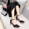 Nuevos Zapatos de Tacón Alto Negros Otoño 2025 para Mujer, Zapatos de Tacón de Aguja Puntiagudos con Suela Roja, Correas de Una Sola Línea Huecas, Zapatos Planos Elegantes para Mujer