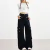 Jeans Casuales Azul Marino No Elásticos de Cintura Alta con Múltiples Bolsillos y Diseño de Perlas para Mujer 2025 Otoño Populares Pantalones de Pierna Ancha