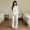 Pijama a la ModaNuevo pijama para mujer, imitación algodón, doble bolsillo, cuello redondo, manga larga, diseño de dibujos animados, conjunto holgado para casa para primavera y otoño