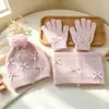 Conjunto de gorro, bufanda y guantes de invierno transfronterizo para niños, con diseño de lazo, gorro de lana tejido cálido y resistente al frío para niñas