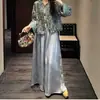 Em EstoqueMo XuanCalça Saia Wide-Leg Dourado Crepúsculo Gradiente com Textura Amassada, Novo Estilo Primavera com um Toque Vintage
