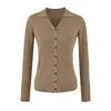 Cárdigan de punto de manga larga con cuello polo estilo coreano, nueva colección de otoño, capa interior ajustada para mujer, cuello en V, suéter de un solo botón