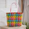 Bolsa de Plástico Tejida a Cuadros de Contraste Dopamina Colorida Accesorios de Flores Bolsa Cesta de Verduras Bolso Grande Tejido a Mano