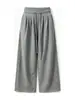 Pantalones deportivos grises con cordón para mujer, estilo otoño, talla petite, estilo casual, cintura alta, pierna recta holgada, pantalones de pierna ancha con cordón