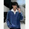 Sudadera con Capucha de Punto Gofrado con Solapa de Camisa de Dos Piezas Falsas de Textura Azul Klein para Hombre Manga Larga Holgada para Personas Perezosas para Superponer