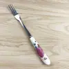 Suministro de cubiertos de acero inoxidable y cerámica, cuchillo, tenedor, cuchara, cubiertos infantiles con mango de cerámica, cuchillo y tenedor de fruta, cubiertos de rosa púrpura, tenedor pequeño