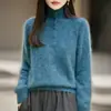 Nuevo suéter cálido de seda de morera cepillada para mujer de otoño e invierno, con cuello alto, manga corta, corte holgado, adelgazante, elegante, casual y versátil