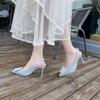 Sapatos Sociais com Strass Estilo Francês para Mulheres, Novo Modelo Verão 2025, Mules Slip-On de Salto Fino, Meias Pantufa Fechadas de Salto Alto
