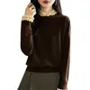 Cardigã de tricô outono e inverno europeu e americano, novo estilo com gola de renda franzida, color-blocking, elegante e modelador, peça de outer wear leve para mulheres