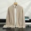 Cardigan de cashmere estiloso com blocos de cor e gola alta para homens, espesso e quente, suéter de cashmere para negócios, jaqueta suéter de tricô
