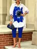 Bestseller Transfronterizo Europeo y Americano Camisa Estampada Holgada de Manga Media Pantalones Cropped Azul Real Conjunto de Dos Piezas de Temperamento a la Moda para el Trabajo