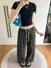 Pantalones casuales de verano para mujer de pierna ancha, tiro alto, estilo retro americano, a cuadros rectos, adelgazantes, versátiles, con cintura fruncida