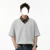 Gola de Camisa com Design Patchwork, Camisa Polo Falsa de Duas Peças de Manga Curta, Unissex, Estilo Retrô de Alta Qualidade, Caimento Solto, Camiseta Versátil