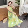 Vestido largo de tirantes tie-dye para mujer, estilo vacacional de verano en la playa, vestido en tonos azules, vestido artístico retro holgado de línea A