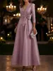 2026 Elegante Vestido de Noche de Satén con Escote en V y Mangas Tres Cuartos, Corte A, Ceñido a la Cintura, Formal para Banquetes, Novia, Vestido de Boda