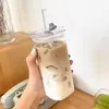 Copo de Água Quadrado de Vidro com Tampa e Canudo, Design Transparente e Simples, Adequado para Leite, Uso Doméstico, Café e Latte