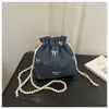 Bolsa de Ombro Transversal Casual Doce de Lona Jeans com Laço de Grande Capacidade Estilo Coreano Nova 2026 com Pérolas