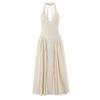 Elegante Vestido de Longitud Media Estilo Francés Europeo y Americano con Cintura Ajustada, Cuello Halter en V y Espalda con Lazo, con Falda Abullonada Plisada