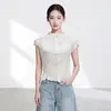2026 Verão Nova Roupa Feminina Toque de Luxo Cor Sólida Simples Fashionável Versátil Alta Qualidade Miyake Camiseta de Manga Curta