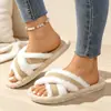 Pantuflas de felpa a rayas transfronterizas para mujer, para uso en casa en otoño e invierno, con suela gruesa, punta abierta, antideslizantes, cálidas para interior, de algodón