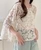 Exportación Japonesa y Coreana Verano Nuevo Cuello Redondo Abertura Encaje Floral Camisa de Encaje Top de Mujer