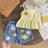 26 Chica Verano Nuevo Estilo Vacaciones en la Playa Lindo de Tirantes Floral Retro Shorts de Mezclilla Conjunto de Dos Piezas Mayoreo