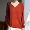 Sem costura e confortável! Suéter pullover feminino com decote V, caimento solto, feito de seda de amoreira e cashmere macios e lisos, com um estilo relaxado e casual